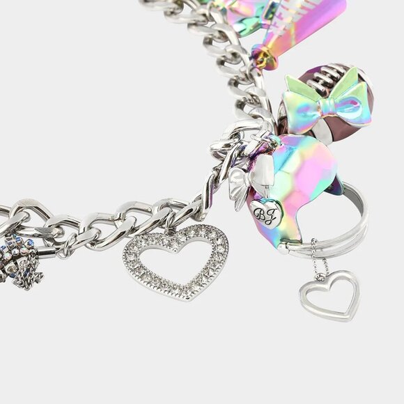 NWT$148 BETSEY JOHNSON Football Charms Necklace Glass Crystal Silver Tone Girly - Picture 3 of 4